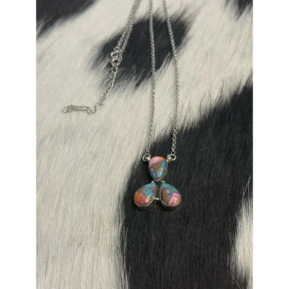 Southwest Sterling Silver 3 Stone Pink oyster Dahlia tear drop Bar Necklace